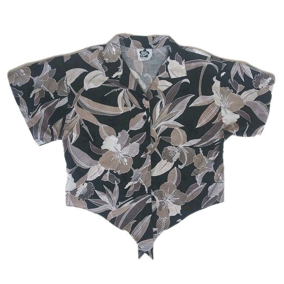 Vintage Ladies Hilo Hattie Hawaiian Black/Gray Floral Crop Tie Front SS Top Sm - Picture 1 of 4